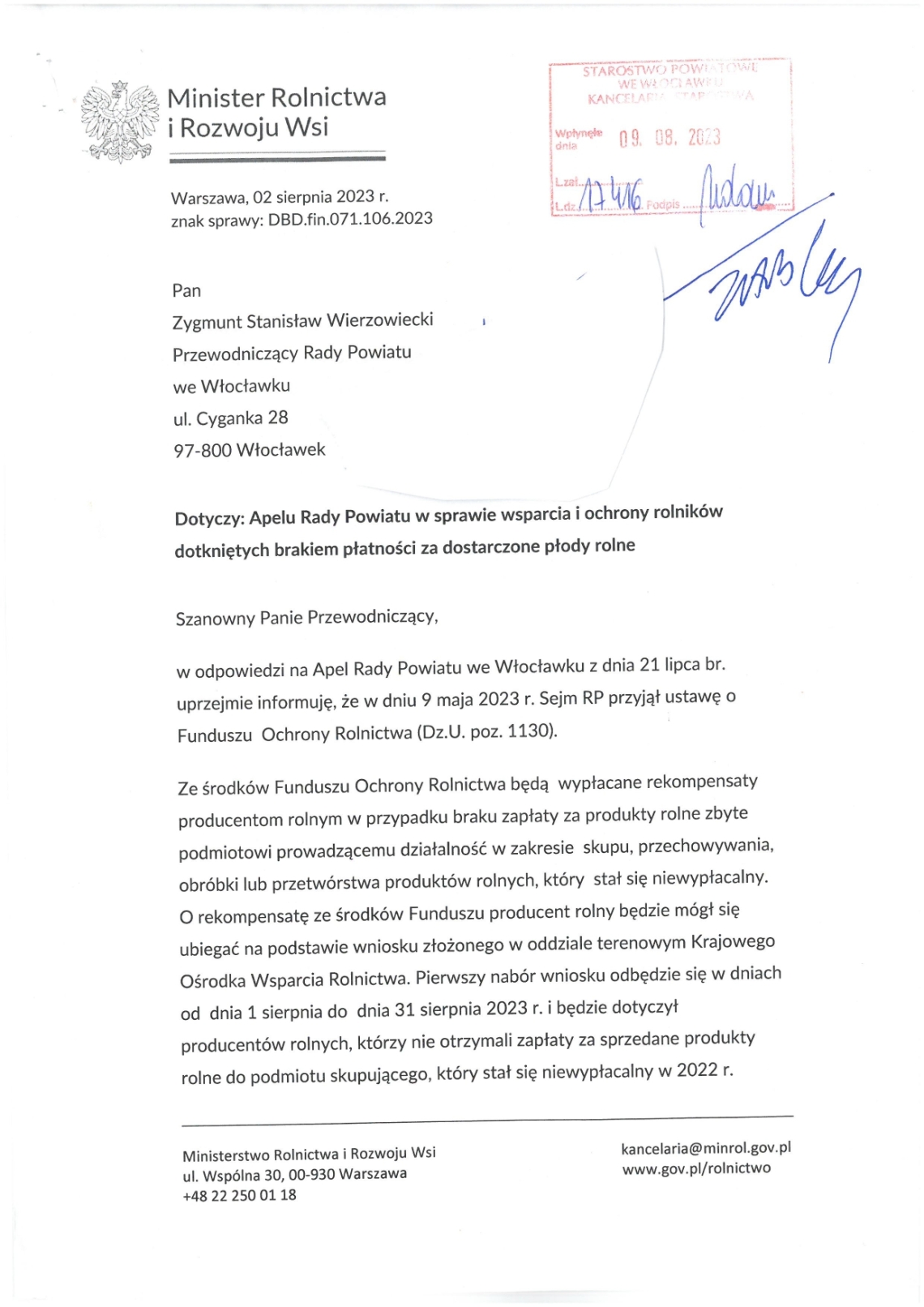 Ważna informacja dla rolników! Odpowiedź na apel Rady Powiatu we Włocławku.