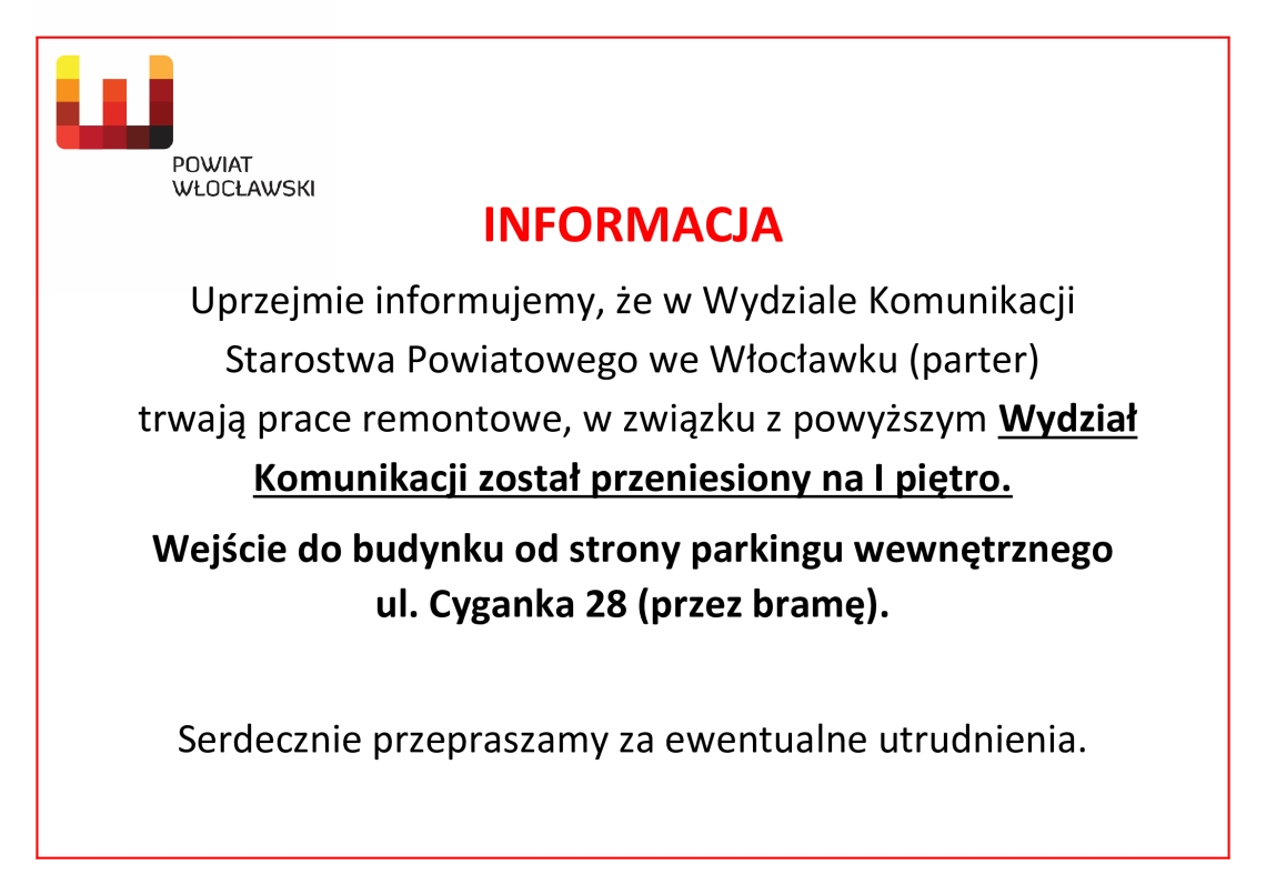 Informacja - prace remontowe w Wydziale Komunikacji!